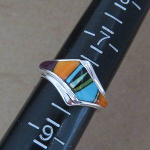 Turquoise Spiny Oyster Multi Gemstone Inlay Sterling Silver Ring Size 9
